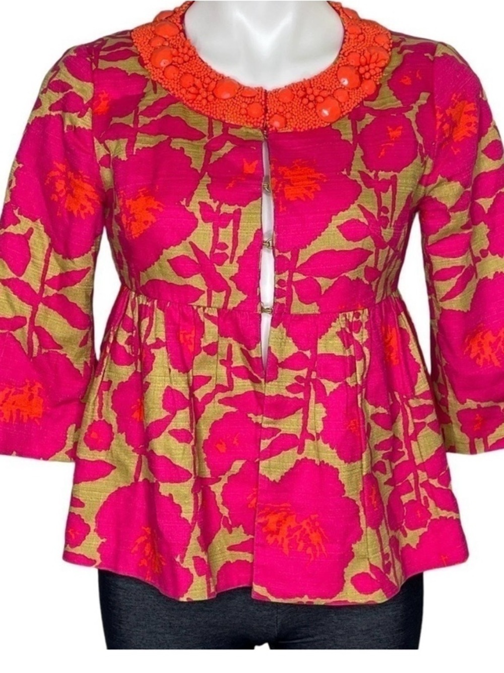Nanette Lepore Pink Floral Tunic with Orange Beaded Collar 100% Cotton